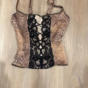 Cream and Black Bustier Camisole with Cut Out Design animal print adju straps